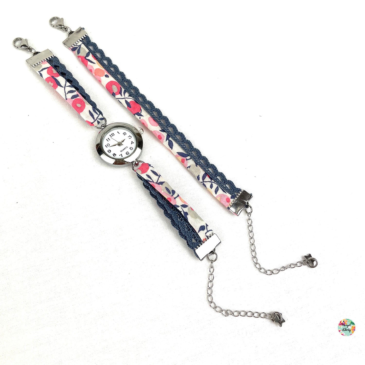Montre et bracelet assorti - Liberty "Wiltshire Pois de Senteur" - Dentelle bleu jean