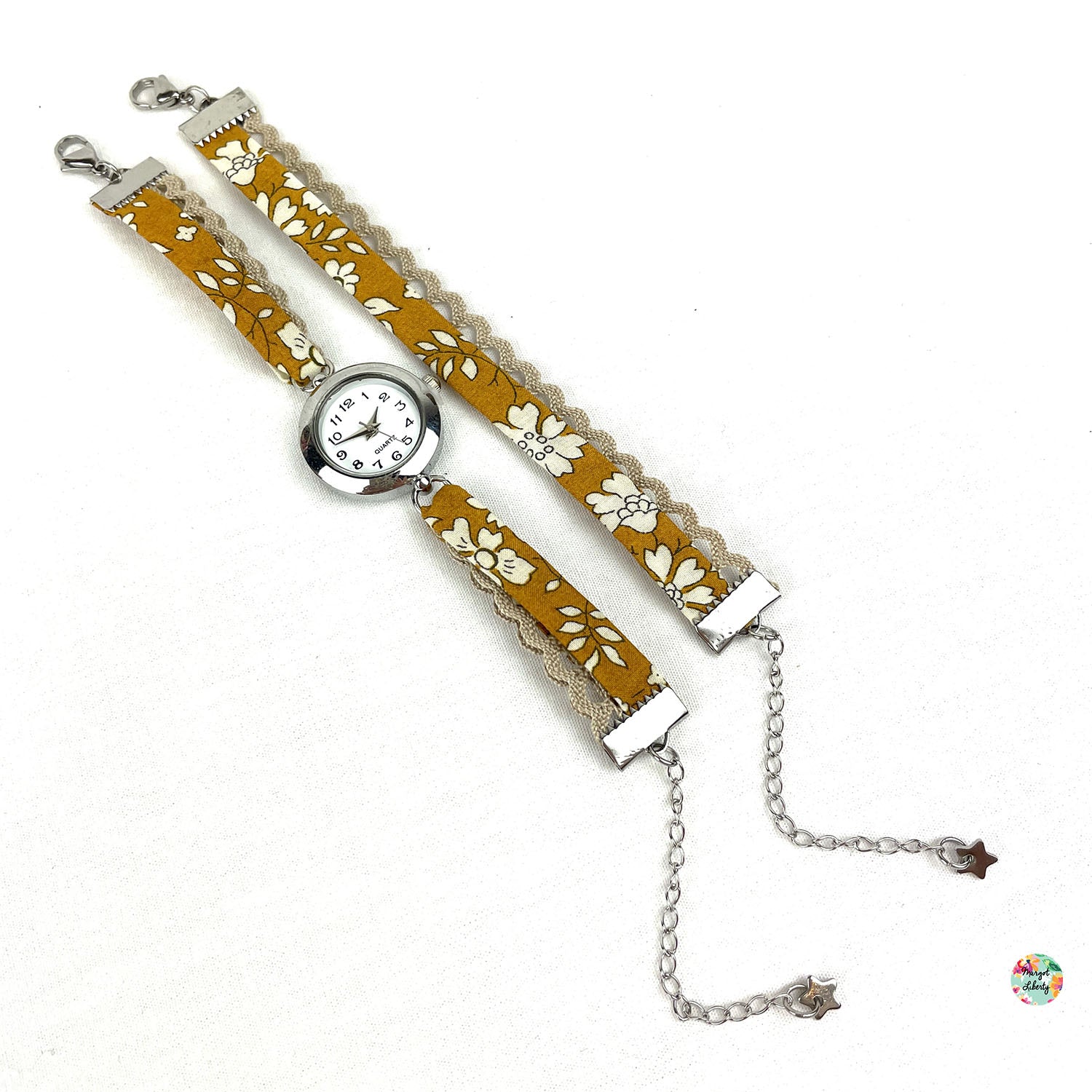 Montre et bracelet assorti - Liberty "Capel moutarde" - Dentelle beige
