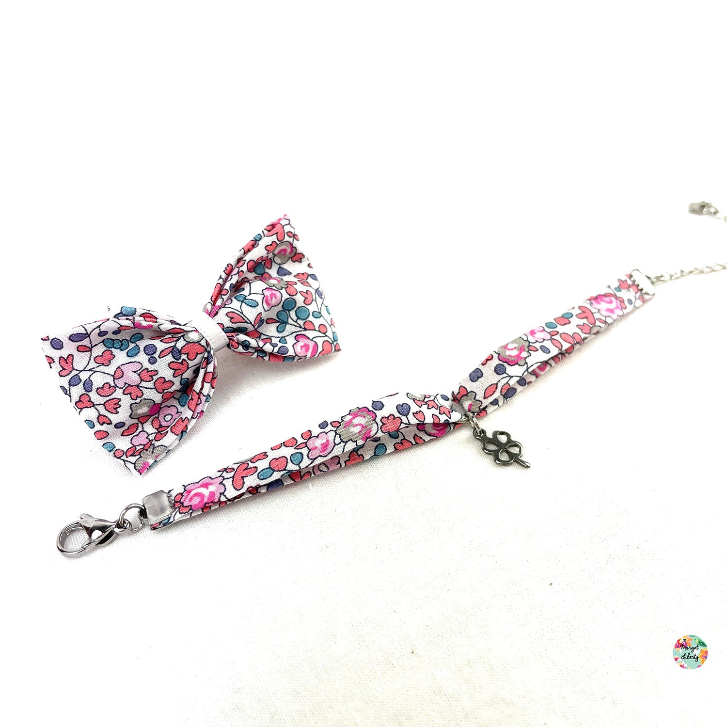 Bracelet et barrette assortis Liberty "Eloïse rose et bleu"