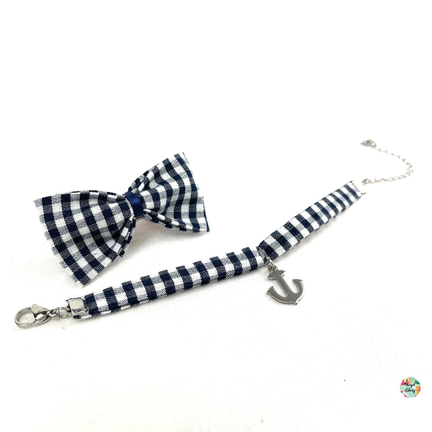 Bracelet et barrette assortis Vichy bleu marine petits carreaux