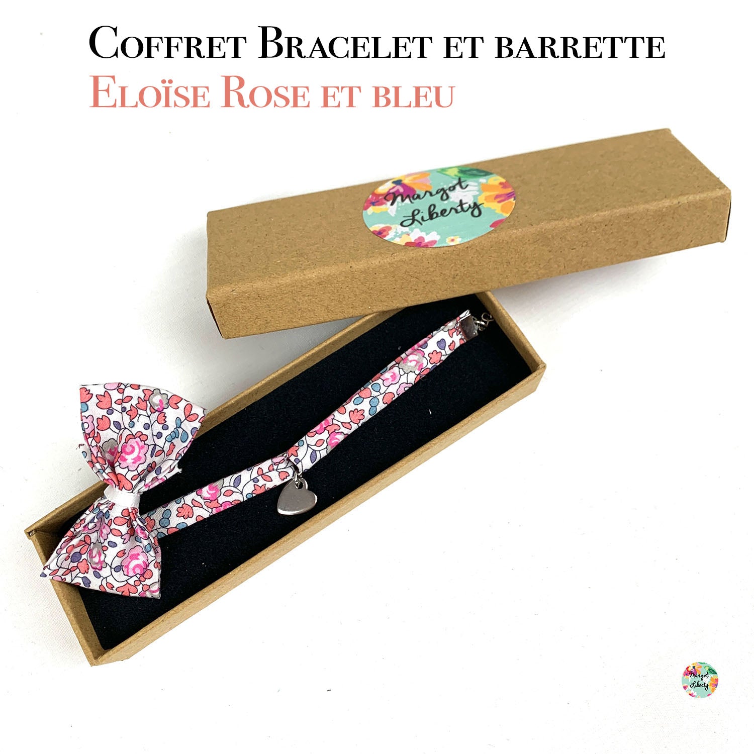 Coffret "Bracelet et sa barrette" Liberty Eloïse rose et bleu