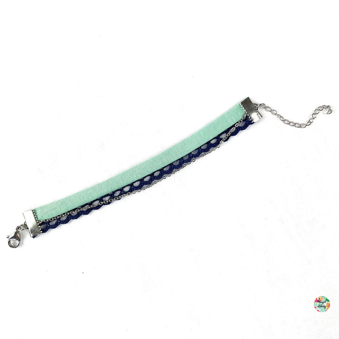 Bracelet tissu vert uni - Dentelle bleu marine
