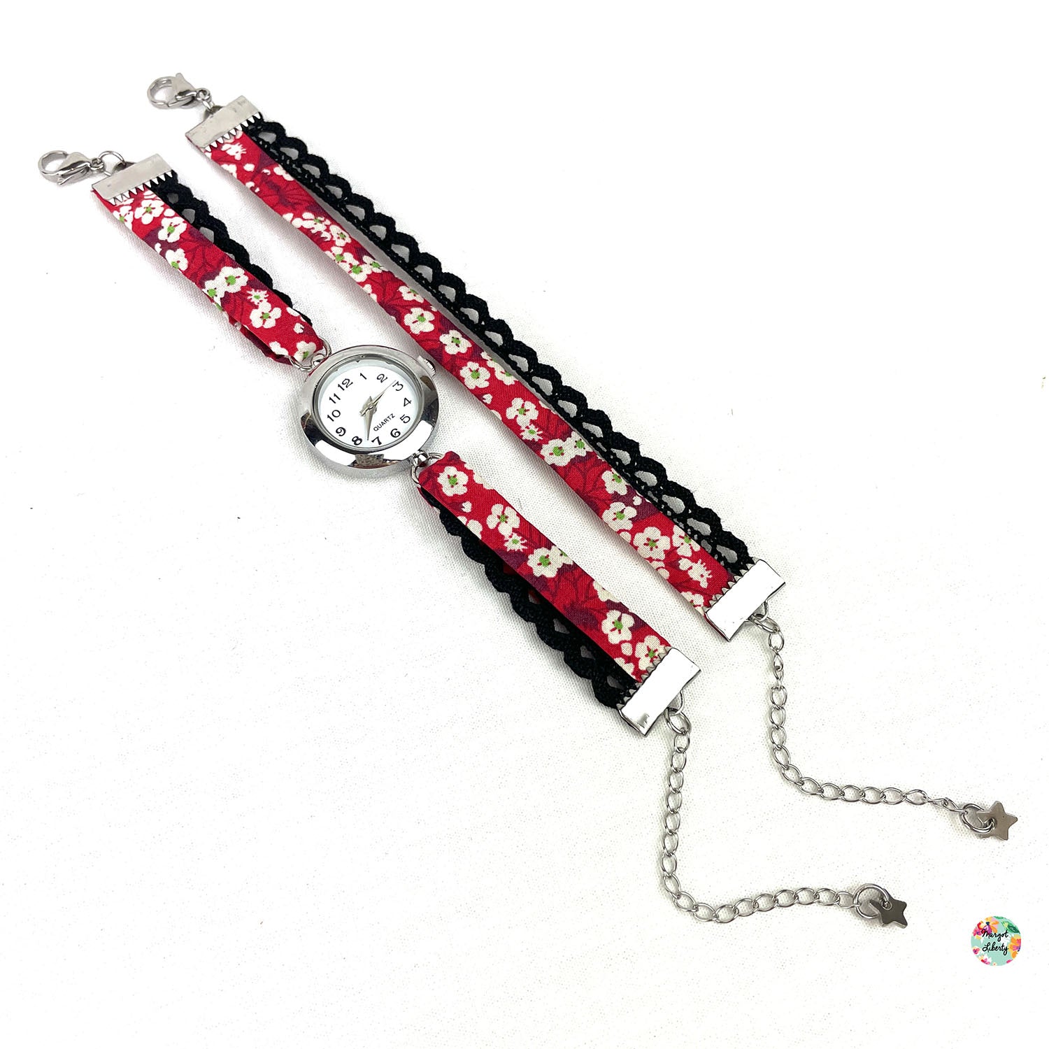 Montre et bracelet assorti - Liberty Mitsi rouge - Dentelle noire