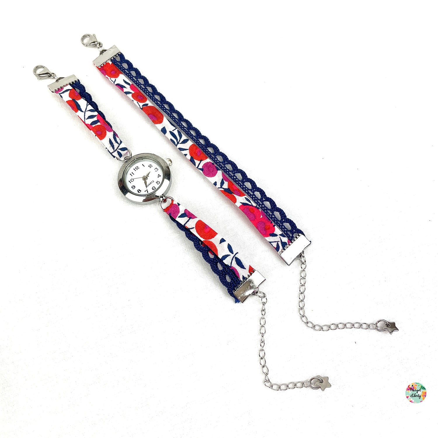 Montre et bracelet assorti - Liberty &quot;Wiltshire rouge&quot; - Dentelle bleu marine