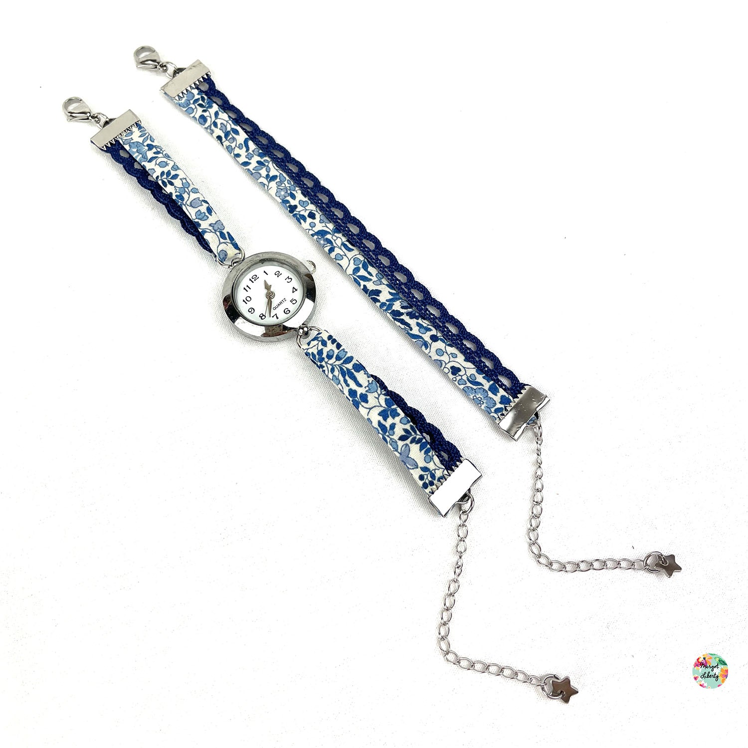 Montre et bracelet assorti - Liberty &quot;Katie and Millie bleu&quot; - Dentelle bleu marine