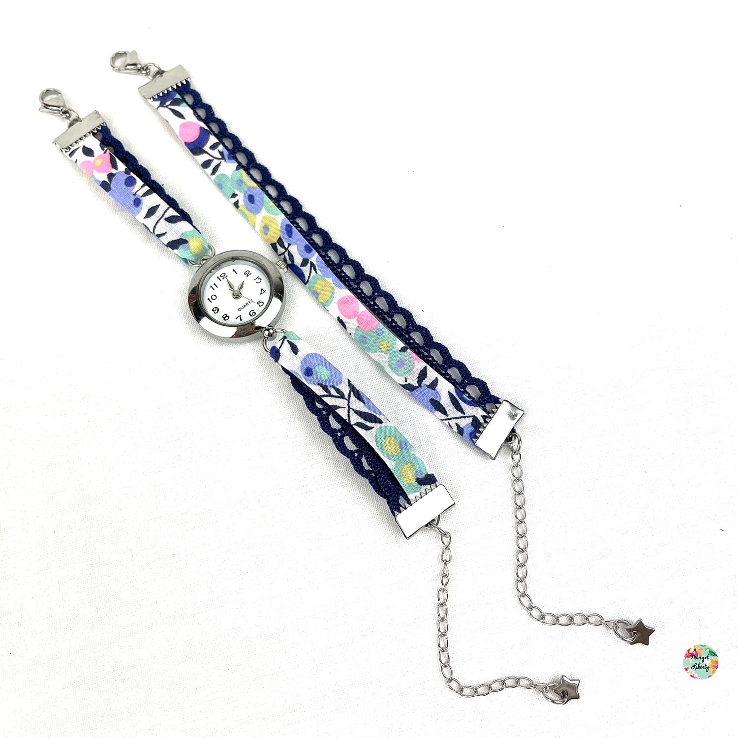 Montre et bracelet assorti - Liberty &quot;Wiltshire Aurore Fluo&quot; - Dentelle bleu marine