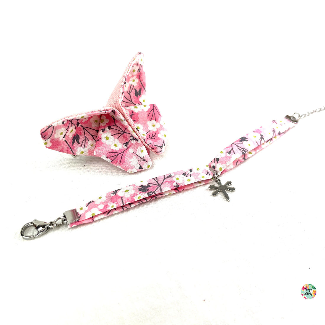Bracelet et barrette papillon assortis Liberty "Mitsi Orchidée rose"