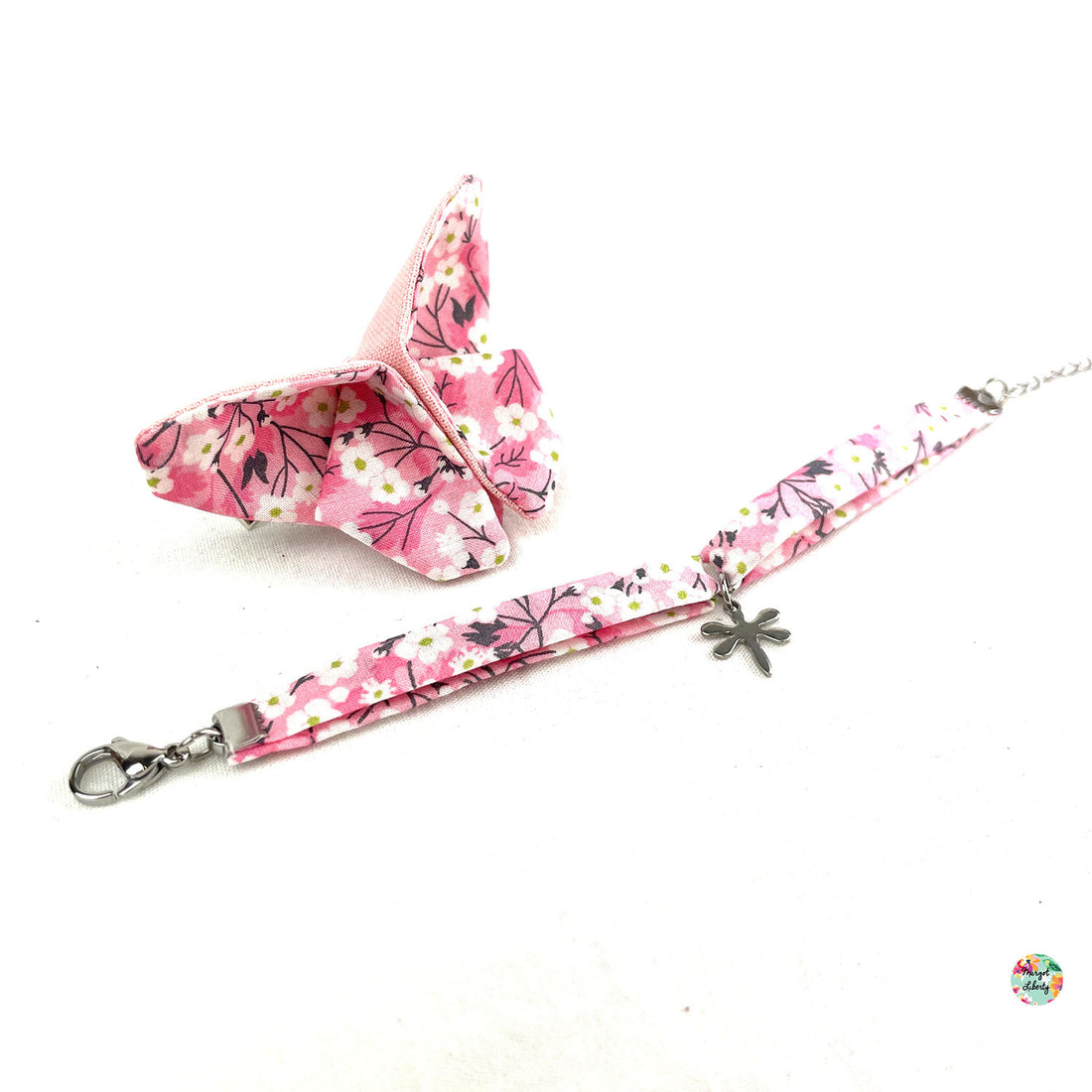 Bracelet et barrette papillon assortis Liberty &quot;Mitsi Orchidée rose&quot;