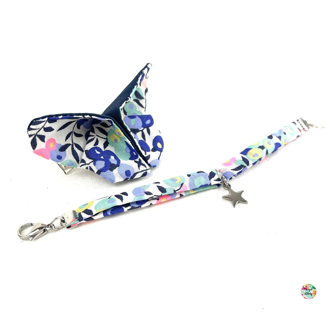Bracelet et barrette papillon assortis Liberty "Wiltshire Aurore Fluo"