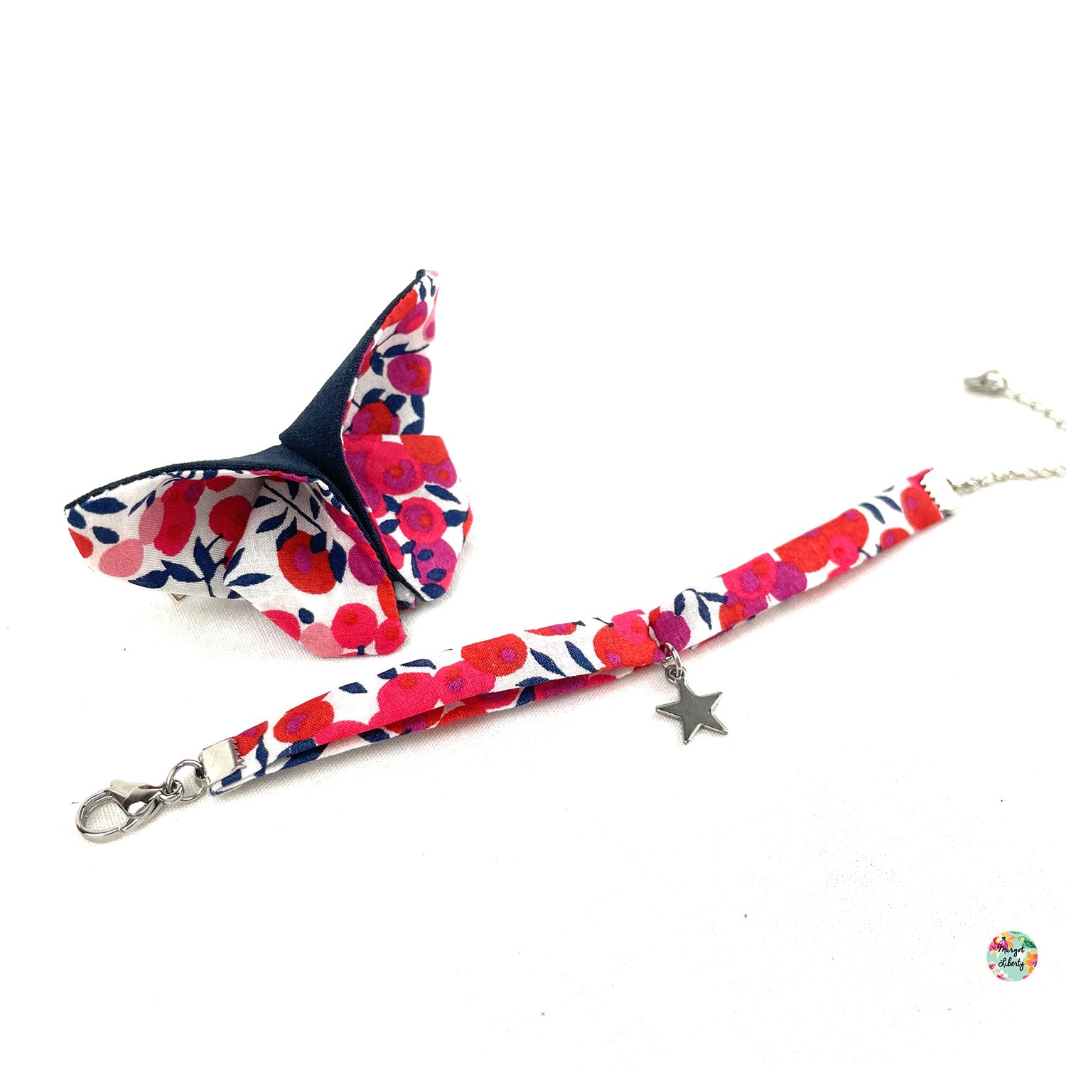 Bracelet et barrette papillon assortis Liberty &quot;Wiltshire rouge&quot;