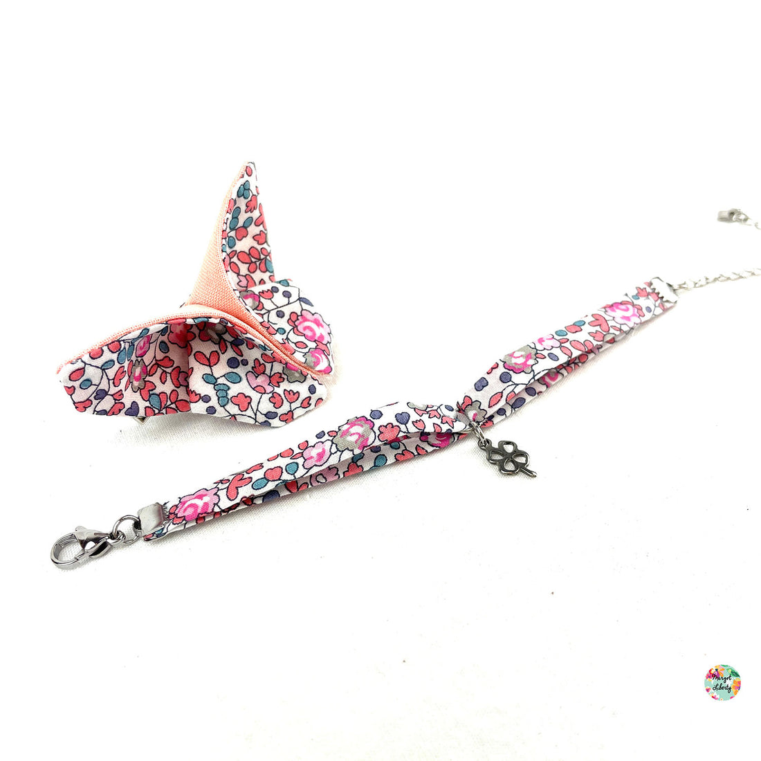 Bracelet et barrette papillon assortis Liberty "Eloïse rose et bleu"