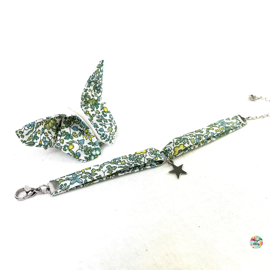 Bracelet et barrette papillon assortis Liberty &quot;Katie and Millie Mint&quot;