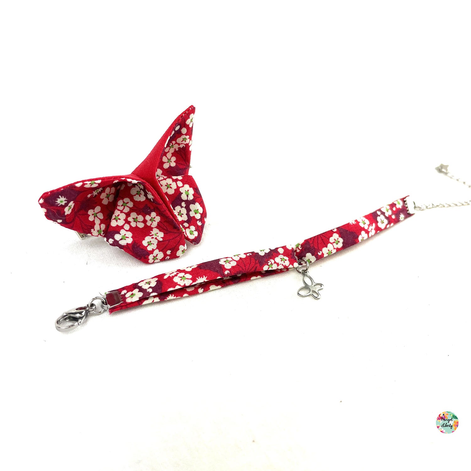 Bracelet et barrette papillon assortis Liberty &quot;Mitsi rouge&quot;