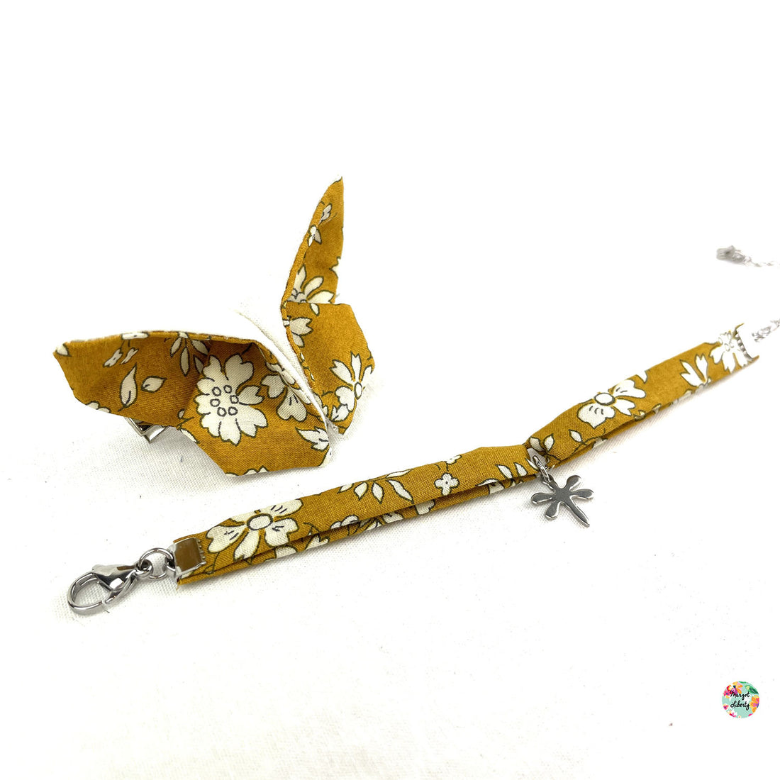 Bracelet et barrette papillon assortis Liberty "Capel moutarde"